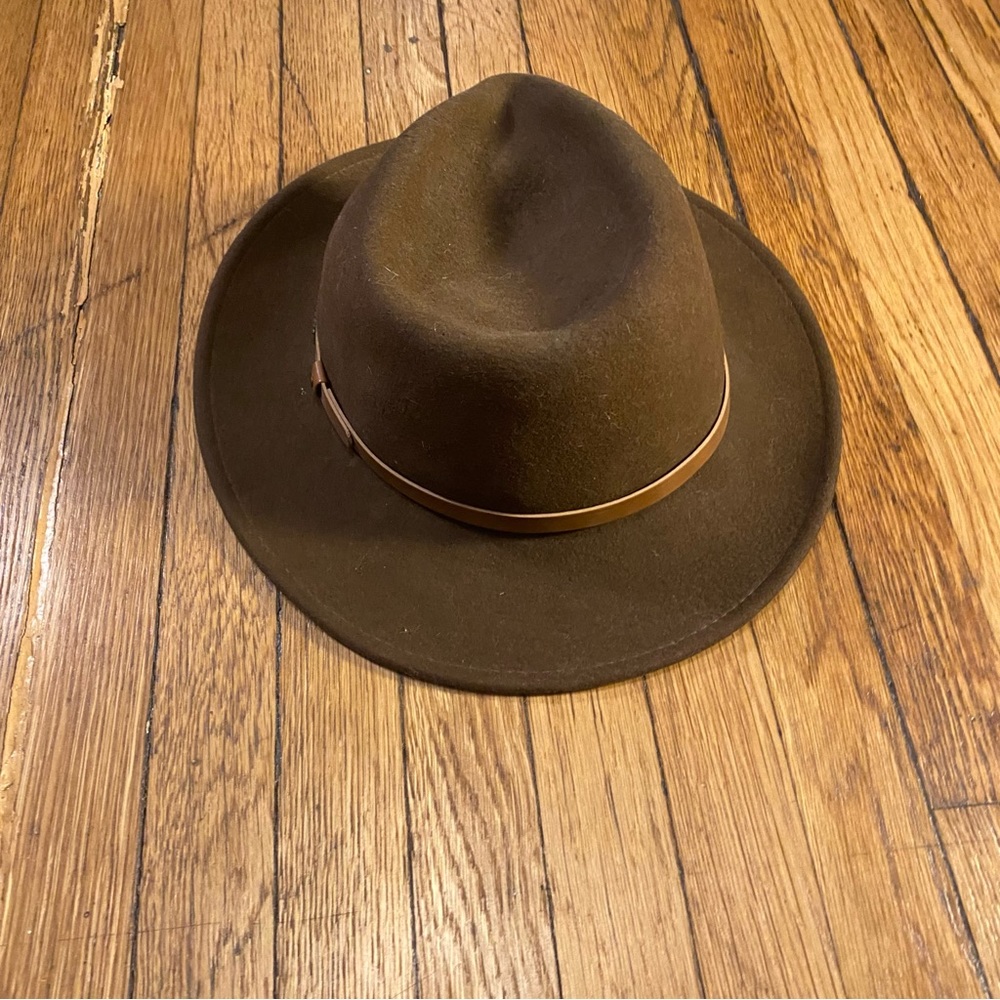 Minnetonka Fedora Wool  Lite Felt Black Hat Brown Leather Trim Women USA XL